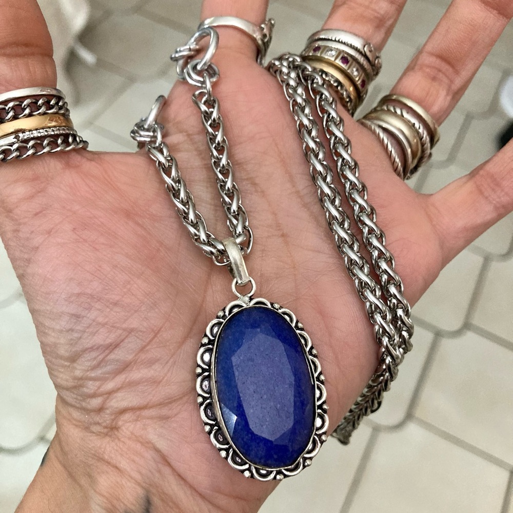 Genuine dark blue lapis lazuli oval gemstone boho charm silver necklace - Picture 8 of 13